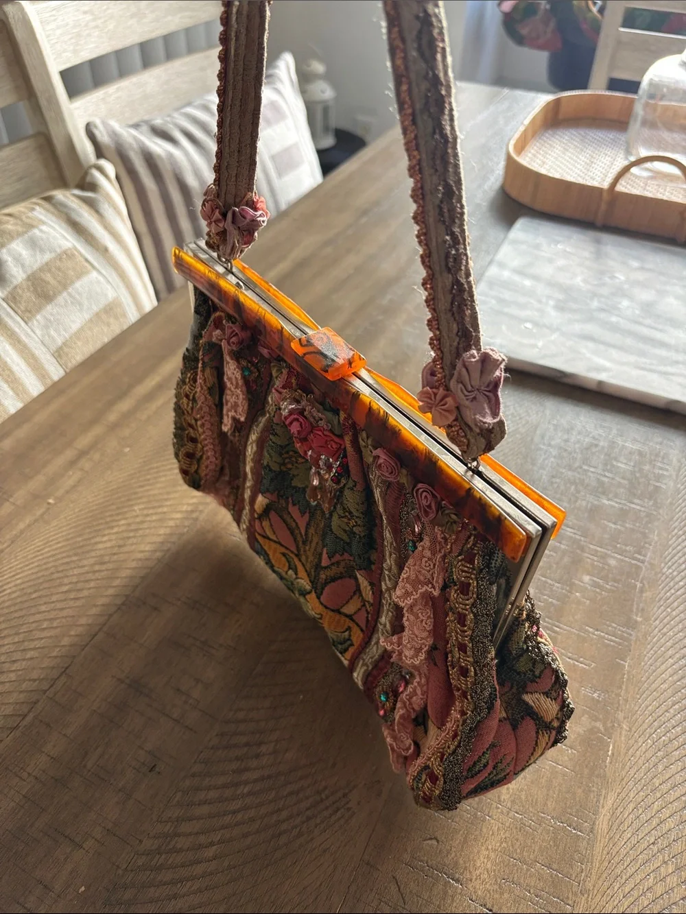 Boho Floral Tapestry Handbag with Pink Accents